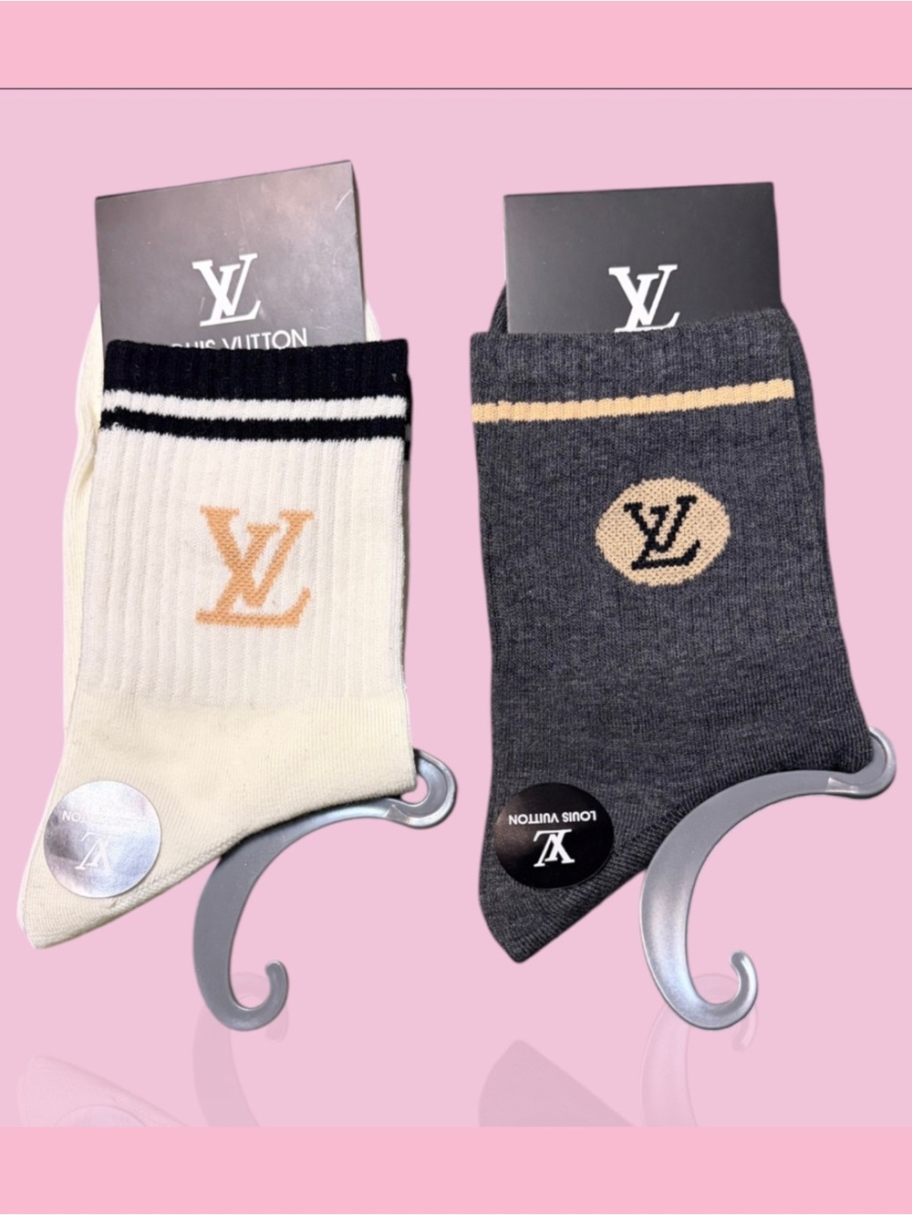 Louis Vuitton Cream & Charcoal Logo unisex Socks two pairs